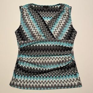 Ann Taylor Knitted Chevron Surplice Blouse Light Blue Black White